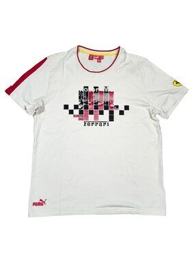 Puma Scuderia Ferrari Numero Uno Mens Lg T-Shirt Cream Checkered Racing Graphic